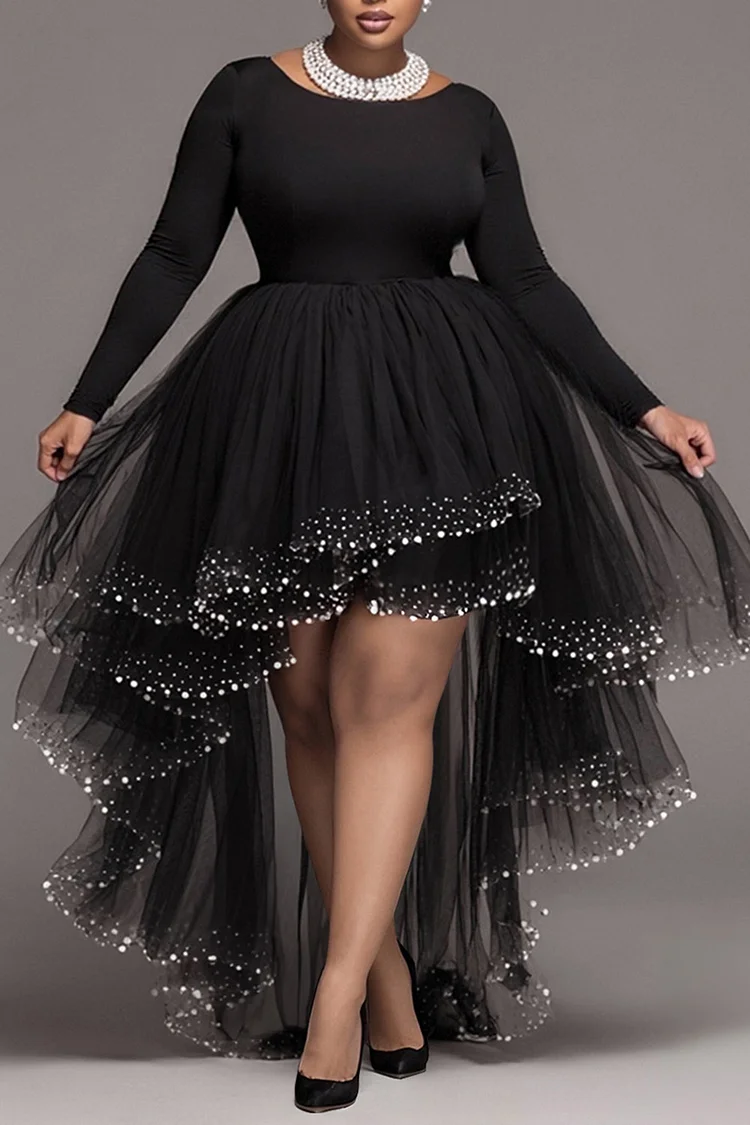 Xpluswear Design Plus Size Party Black Round Neck Long Sleeve High Low Hem Elegant Ruffle Tulle Mini Dresses [Pre-Order]