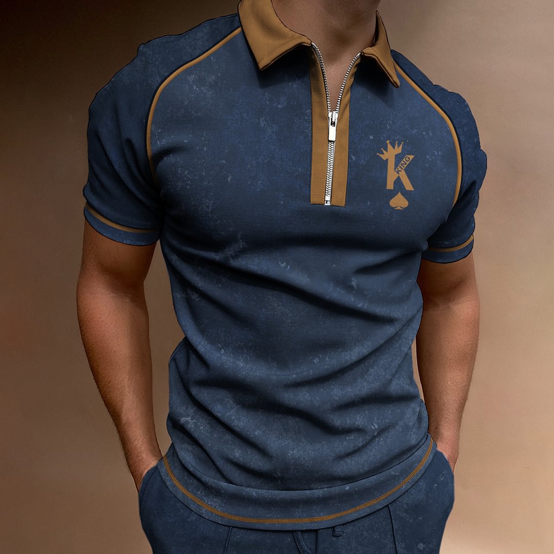 Men's Casual Poker K Print Color Matching Short Sleeve Zipper Polo Shirt、、URBENIE