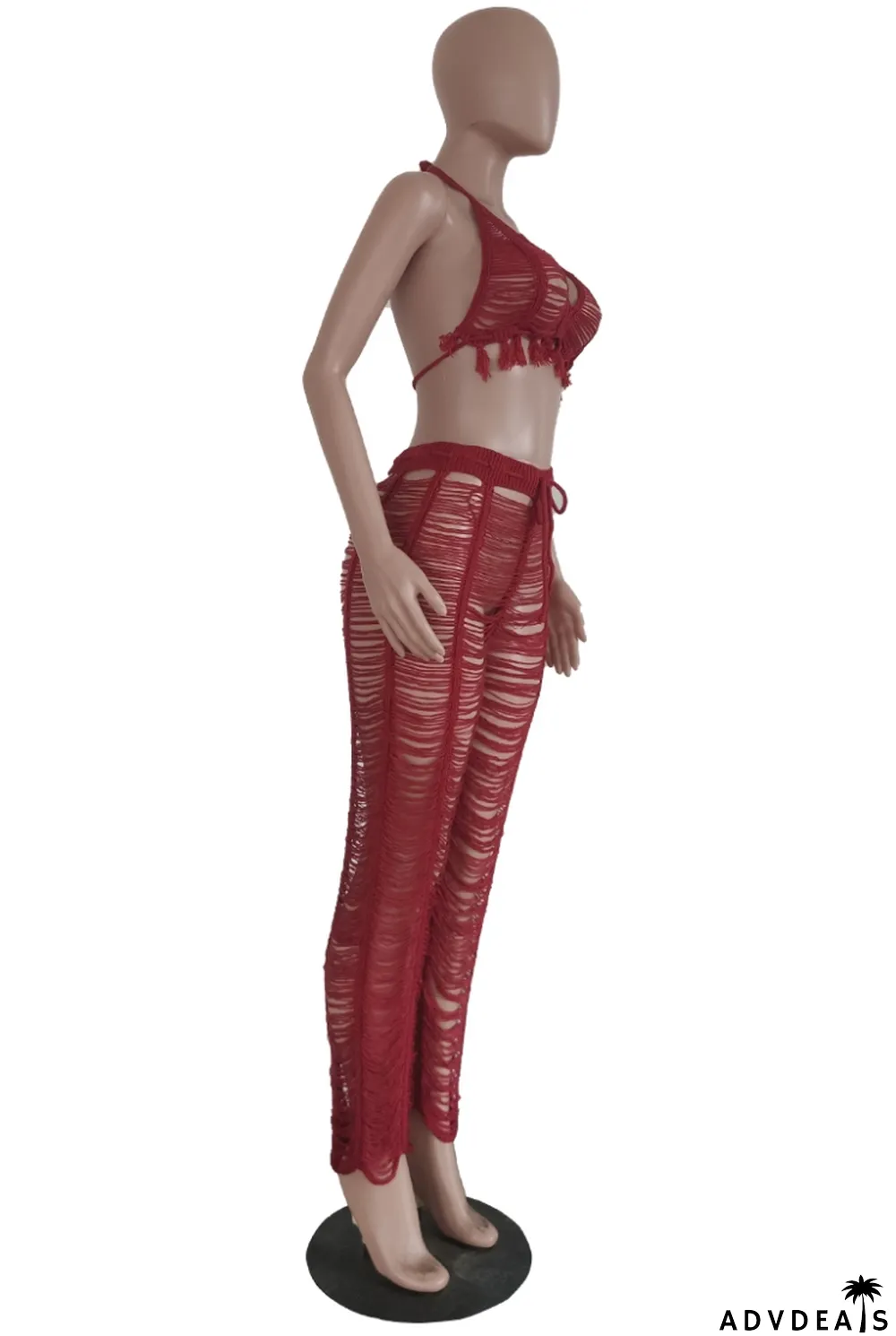 Autumn Sexy Red Knit Hollow Out Tassel Bra and Pants Set