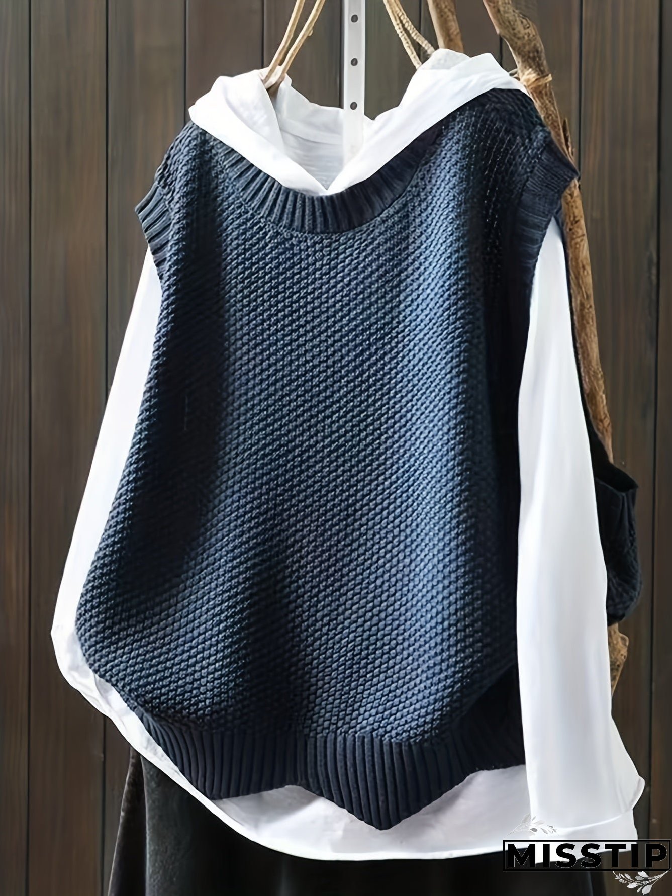 Solid Crew Neck Knitted Vest, Casual Sleeveless Loose Sweater, Women's Clothing