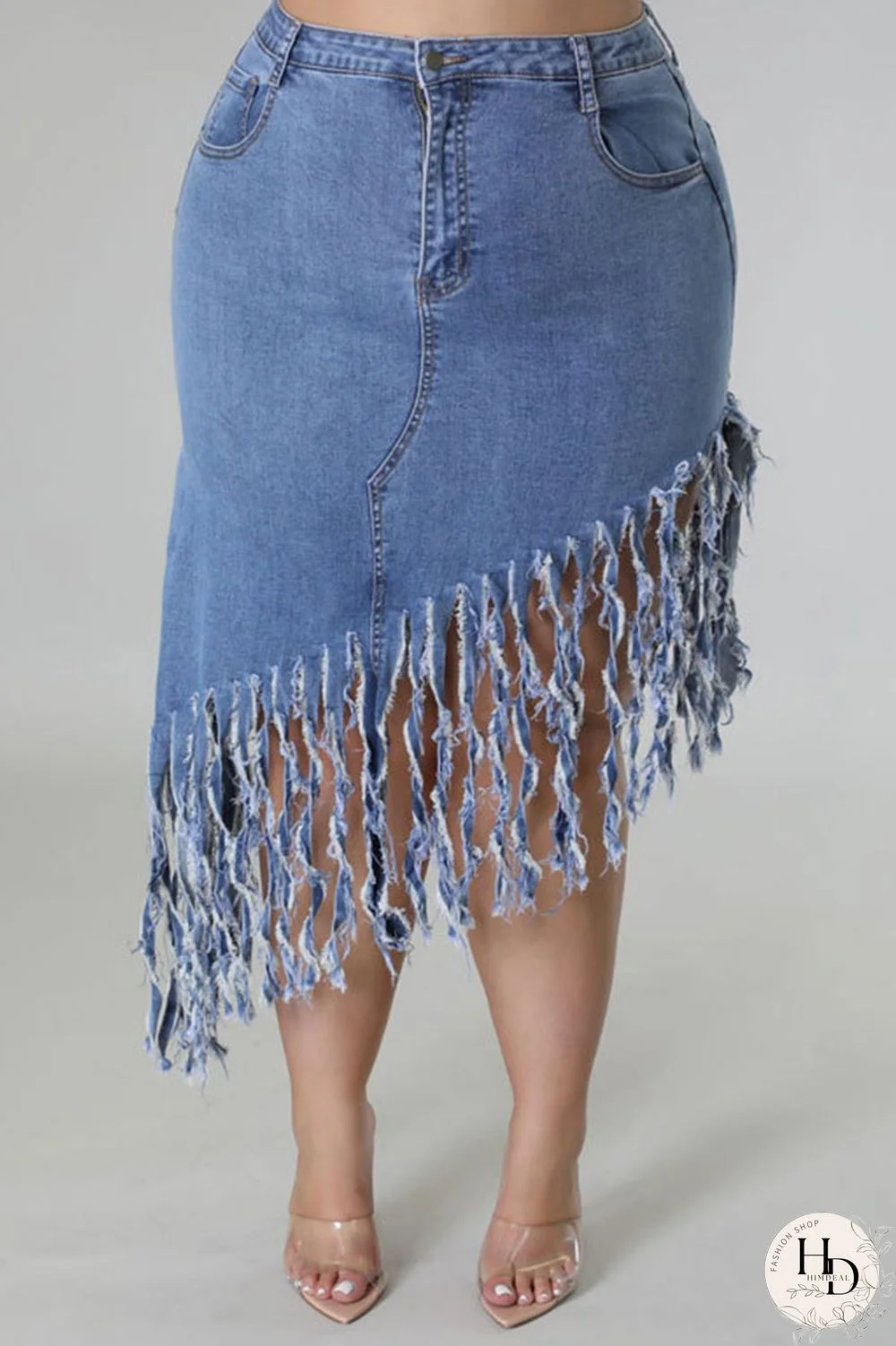 Light Blue Casual Solid Tassel Patchwork Asymmetrical High Waist Straight Solid Color Plus Size Denim Shorts