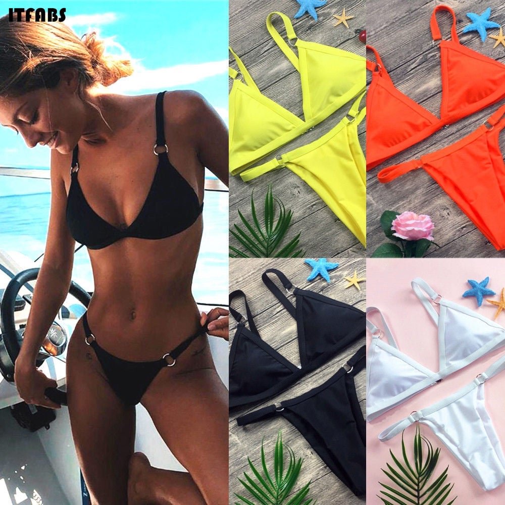 Women Solid Color Swimwear Bikini Set Triangle Swimwear Bandage Beach Swimming Suit