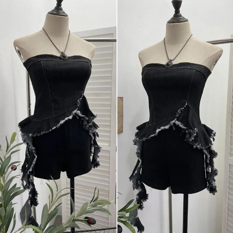 Nigikala Nigikala Shooting Spice Girls Irregularly Brush Chest To Make Old Hair Edge Open Short Sleeveless Top Sling Sling Vest 2716