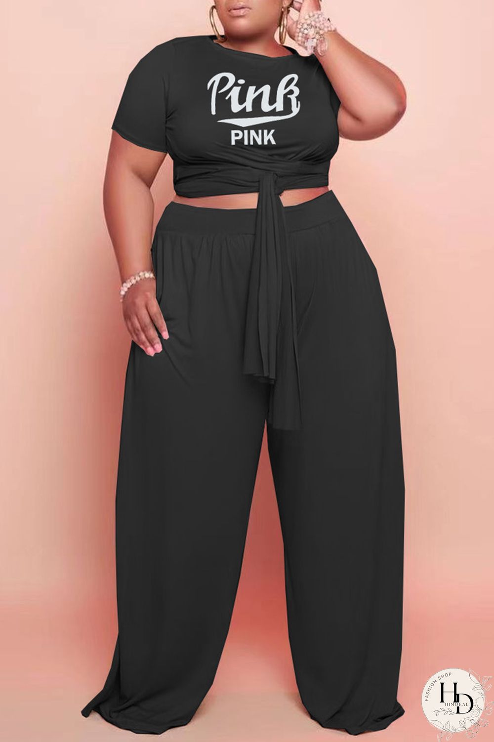 White Fashion Casual Letter Print Bandage O Neck Plus Size Two Pieces