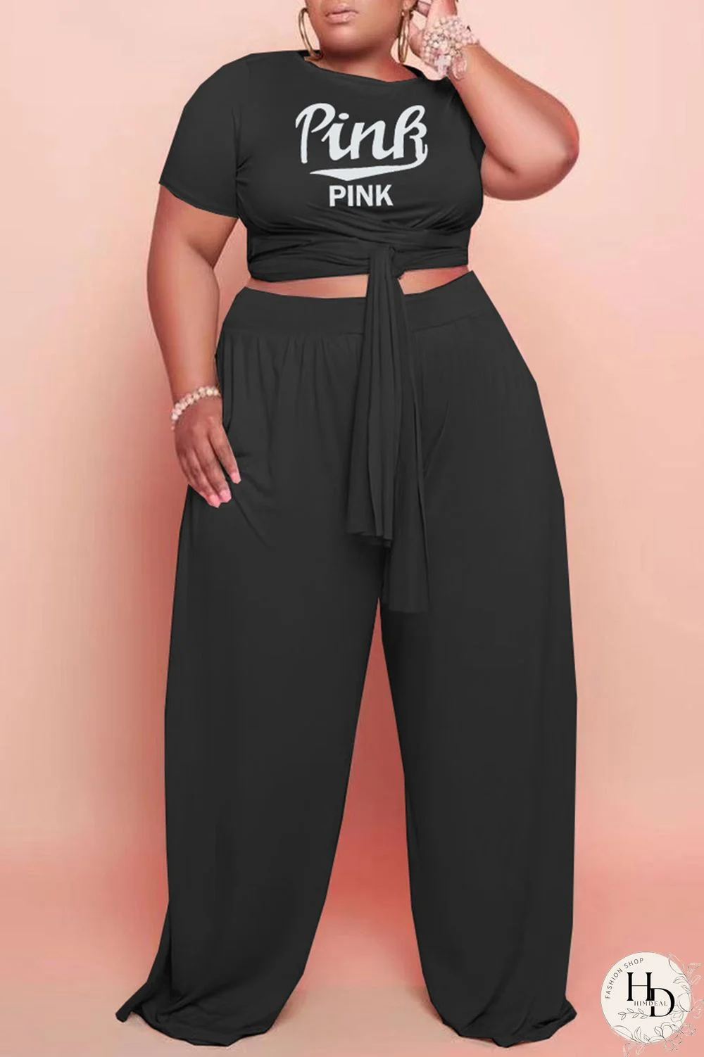 White Fashion Casual Letter Print Bandage O Neck Plus Size Two Pieces