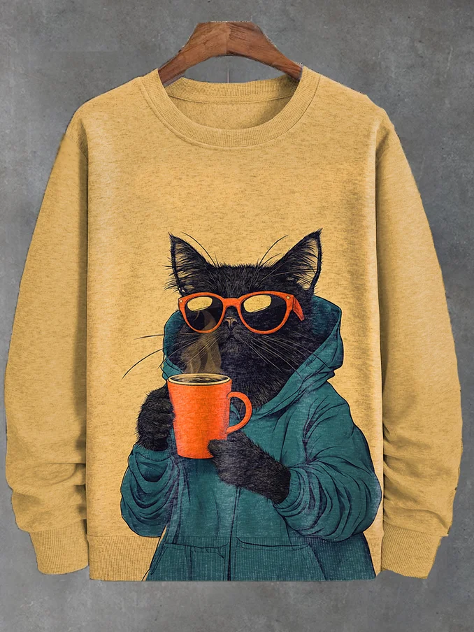 Men's Sunglasses Black Cat Warm Coffee Art Print Sweatshirt