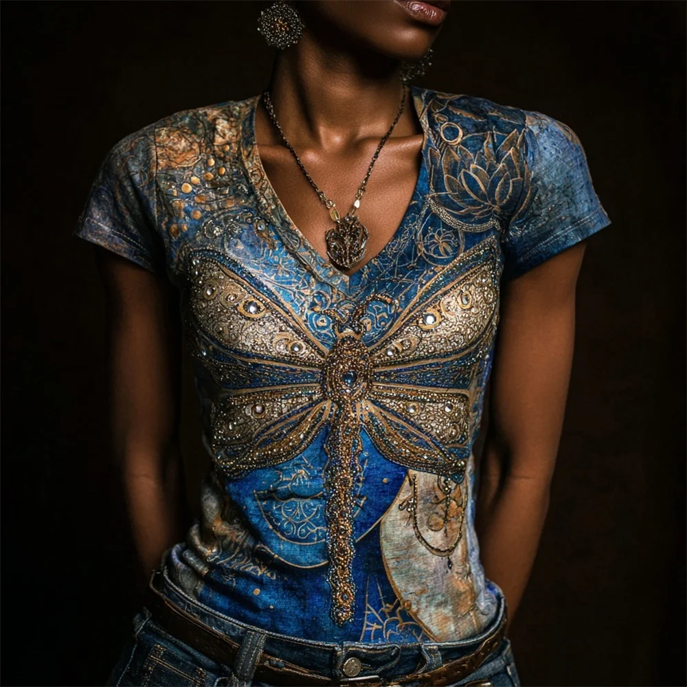 Egyptian Glitter Dragonfly Pattern Women's V-neck T-shirt