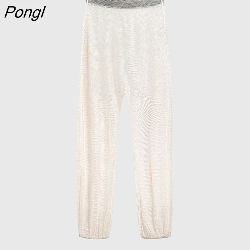 Pongl Men Pants Patchwork Mesh Transparent Sexy Elastic Waist Streetwear Vacation Trousers Men 2023 Breathable Pantalon S-5XL