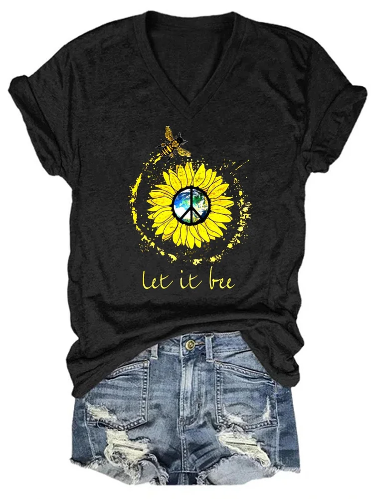 Women Let It Bee Peace Sunflower T-Shirt socialshop