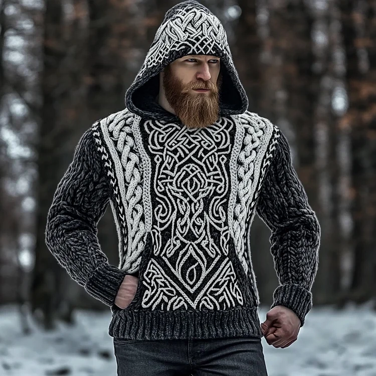 Men's Viking Tribal Jacquard Celtic Inspired Chunky Knit Hooded Sweater