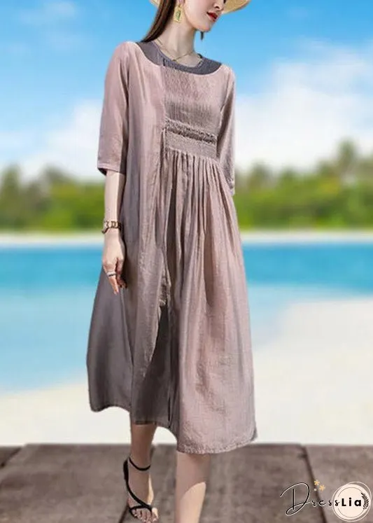 Retro Coffee O-Neck Wrinkled Linen Holiday Long Dresses Short Sleeve