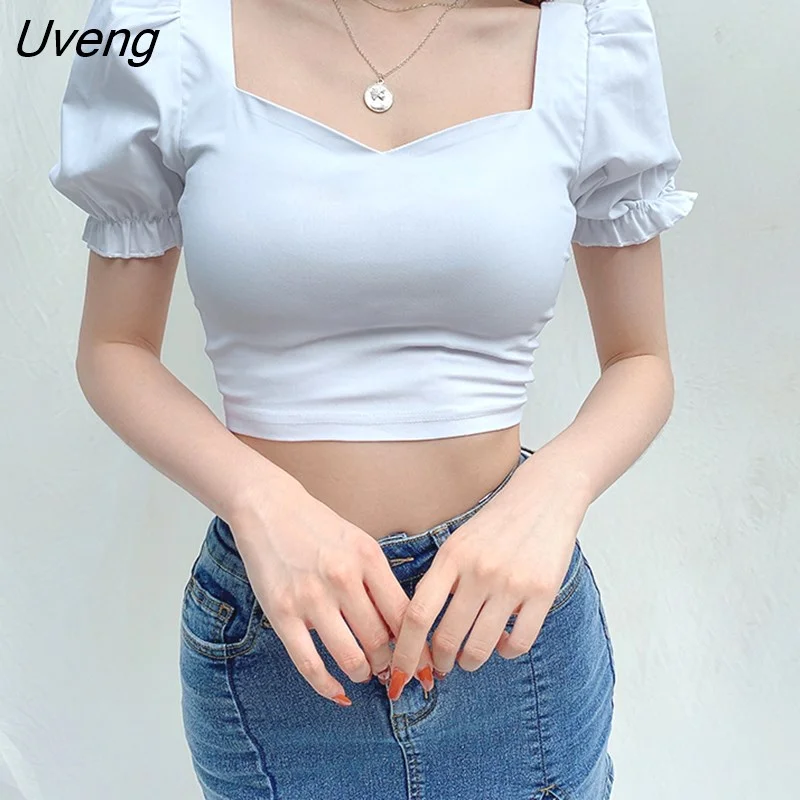 Uveng Women Solid Color Puff Sleeves Crop Top Casual Backless Slim Fit T-shirts Pullover Summer Fashion Tees Top Vintage Streetwear
