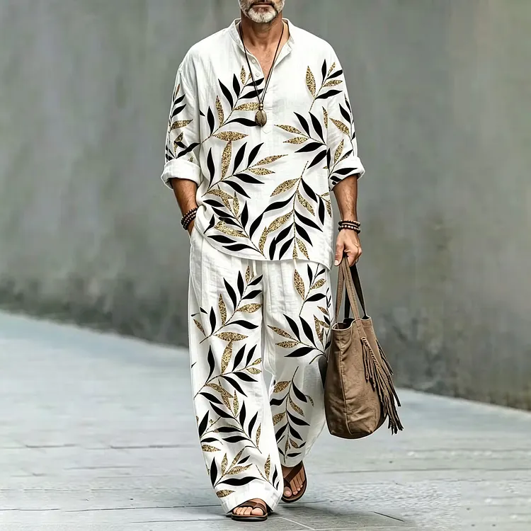 Men's Japanese Leaf Art Print Shirt And Pants Two Piece Set