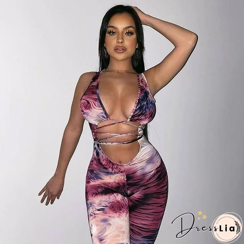 Tie-Dyeing Print Jumpsuit Rompers Sexy Women Deep V-Neck Hollow Long Pants Trousers Summer