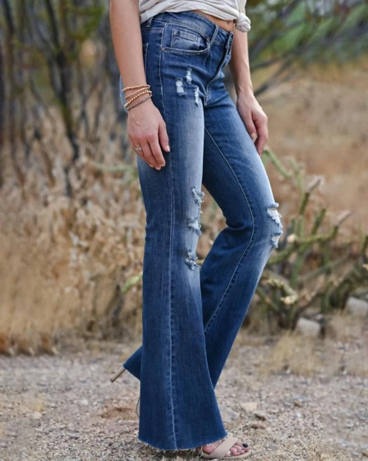🔥Buy 2 Free Shipping🔥Plus Distressed Raw Hem Flare Jeans