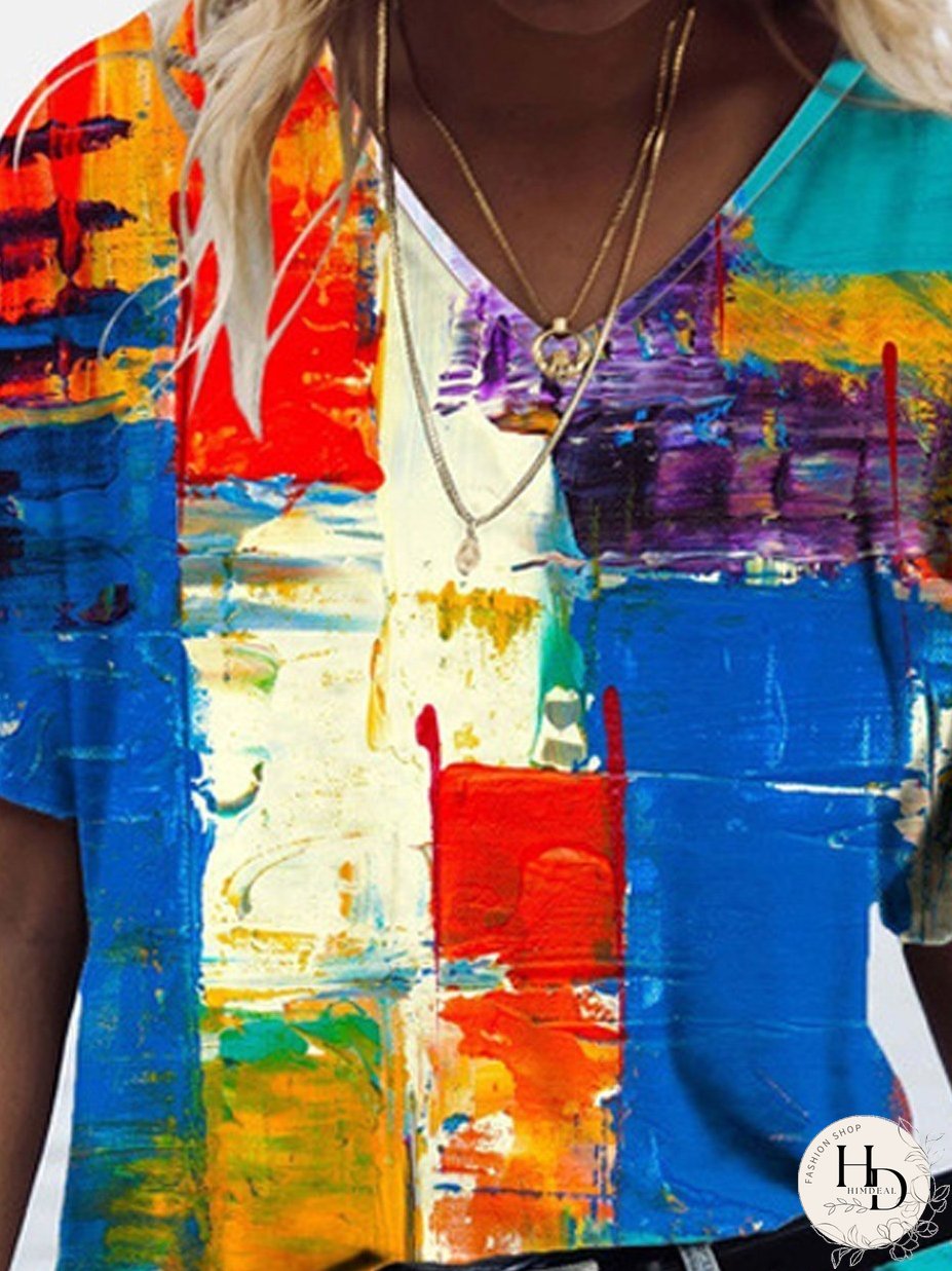 Color Block Printed V-neck Short-sleeved T-shirt