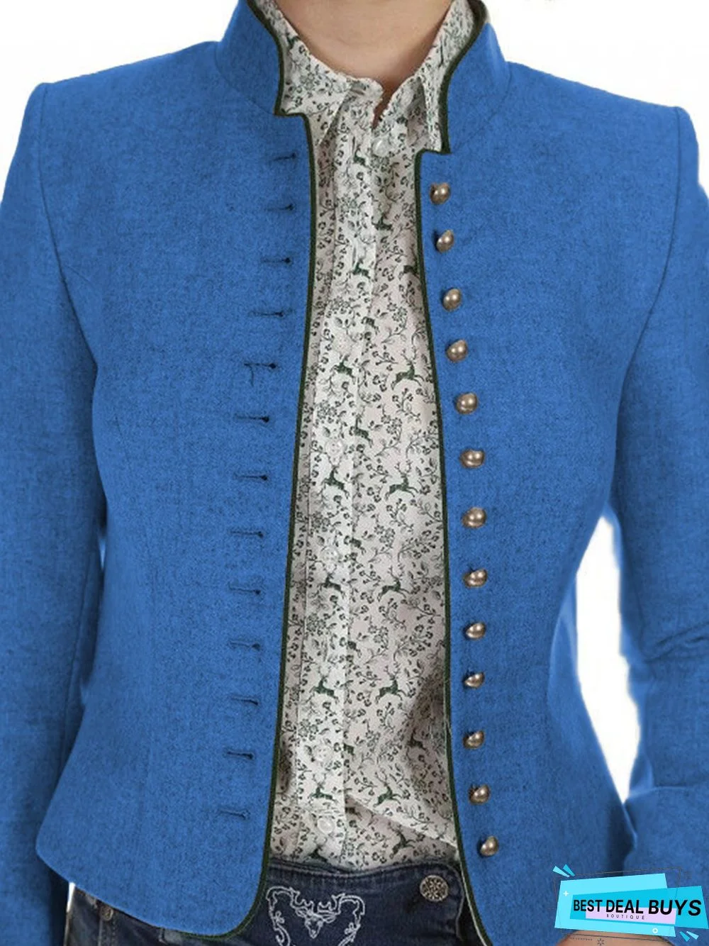 Solid Buttoned Vintage Blazer Jacket Stand Collar