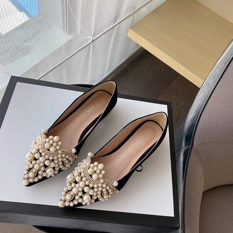 French retro new style diamond pearl sandals pointed flat hollow women's shoes QueenFunky
