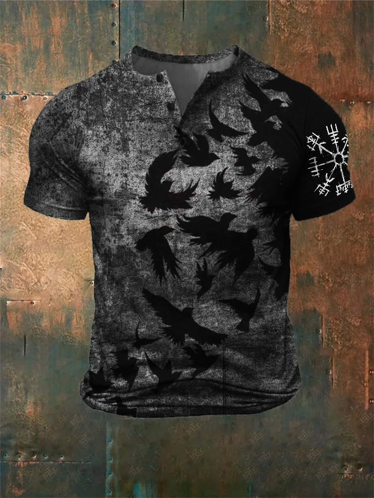 Men's Viking Vegvisir Ravens Distressed Henley Shirt / Rvogue / Rvogue