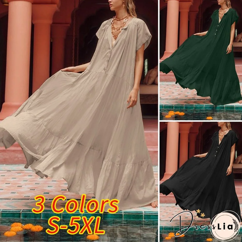 Summer Women Short Sleeve Maxi Dress Pleated Party Casual Loose Swing Long Dress Plus Size