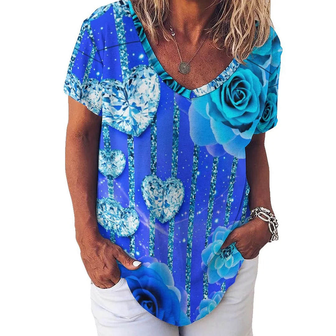 V-neck Short Sleeve Casual T-shirt for  Women Printed with Pattern Floral, Blue, Rose