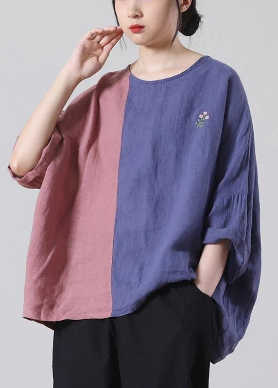 Fine Pink Patchwork Blue Tops Summer Cotton Linen