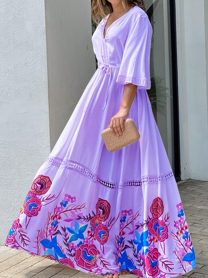 Mature Women Lace Summer Sleeve V-neck Hem Maxi Dress