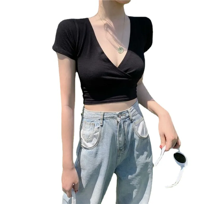 Brownm Brownm T-Shirt Female 2024 Summer New Deep V Collar Outside Wear Low Chest Korean Version Slim Crop Short Style Student Top Tide