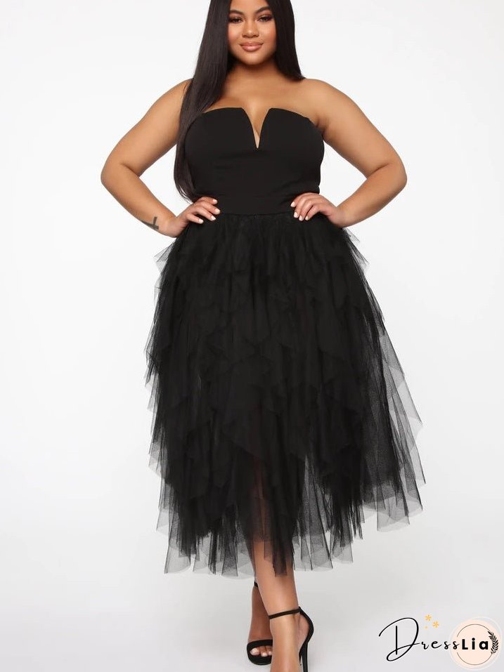Temperament Mesh Tube Top Swing Evening Dress