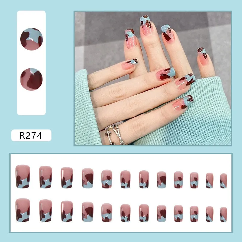Fake Nail Patch Short Paragraph Ballet Nails Green & White color Finished Nail Piece 24PCS Glue Type nails set free shipping-Nail Inspo