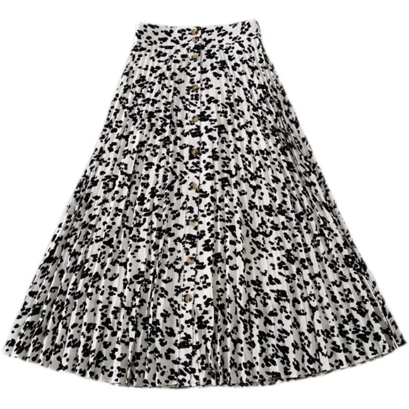 Msfancy Leopard Pleated Midi Skirt Women 2021 High Waist A-line Front Single-breasted Jupes Spring Elegant Mujer Faldas