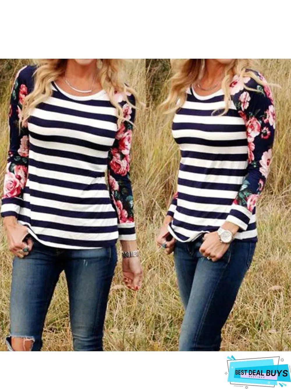 Casual Striped Floral Printed Long Sleeve Tunic Shirt