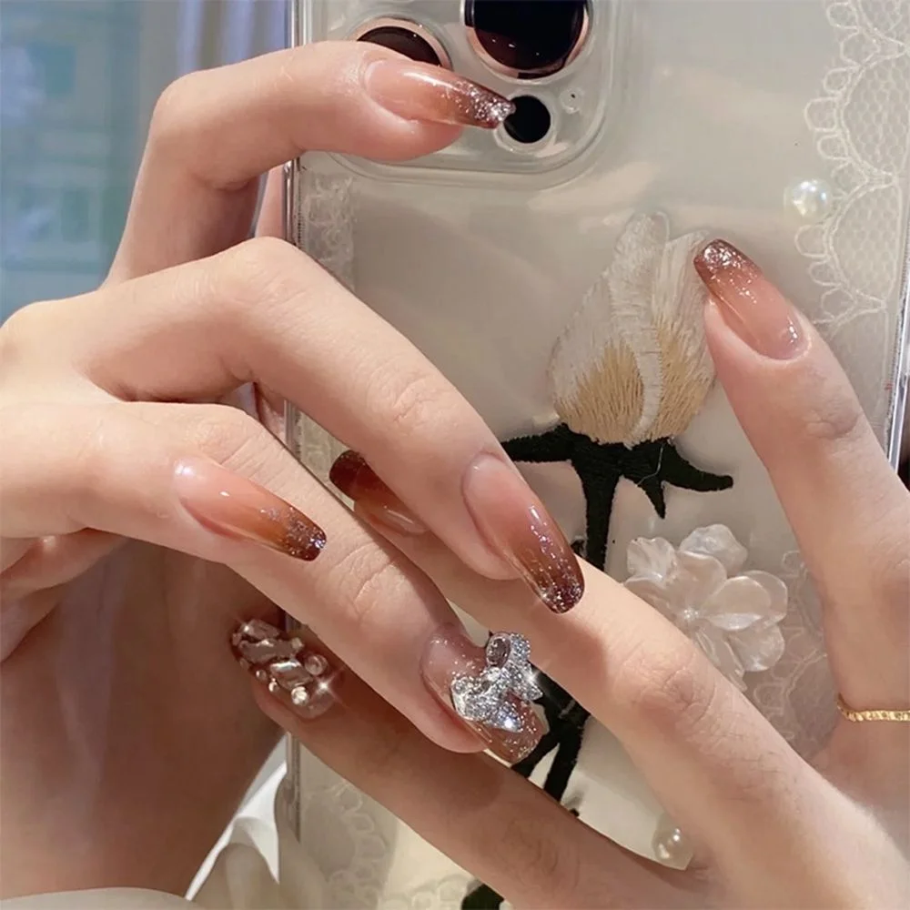 24pcs Gradient Color False Nails With press Glue Type Long Paragraph Fashion Manicure Patch Full Cover Wearable Coffin Fake Nail-Nail Inspo