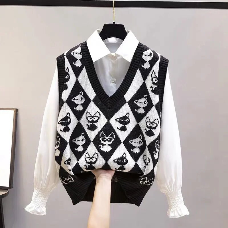 Women's spring and autumn 2021 fashion new knitted vest sleeveless v-neck sweater Korean style foreign style top