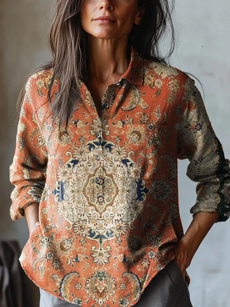 Women's Vintage Lovely Floral Art Print Casual Cotton And Linen Shirt