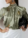 Stylish High-Neck Leopard Print Loose Blouses&Shirts Tops