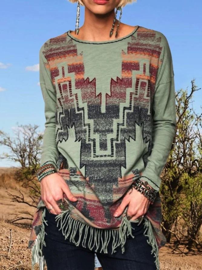 Long Sleeve Printed Tassel Pullover Casual T-shirt