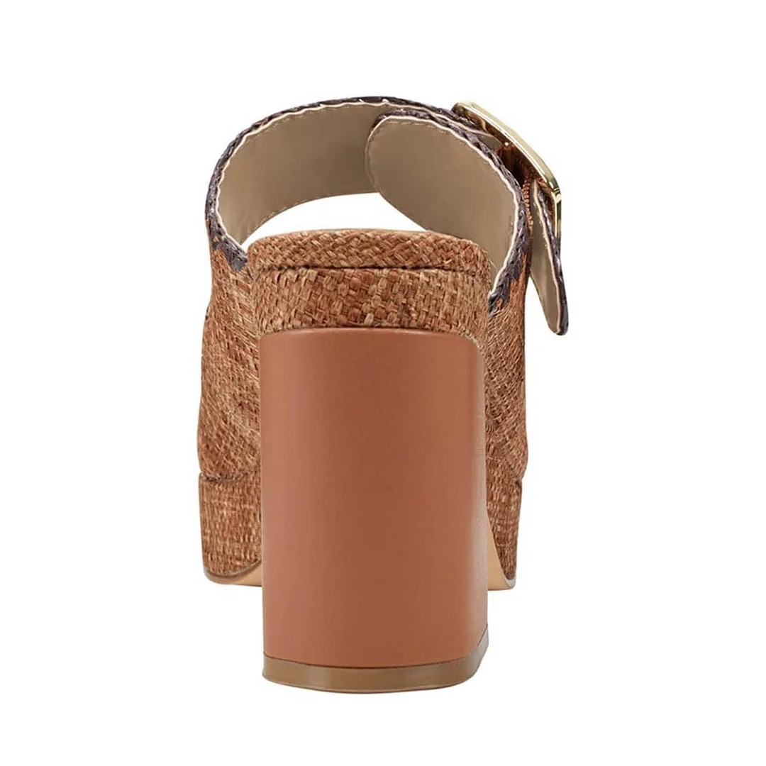 Brown Chunky Heel Double Buckle Strap Open Toe Mules Sandals