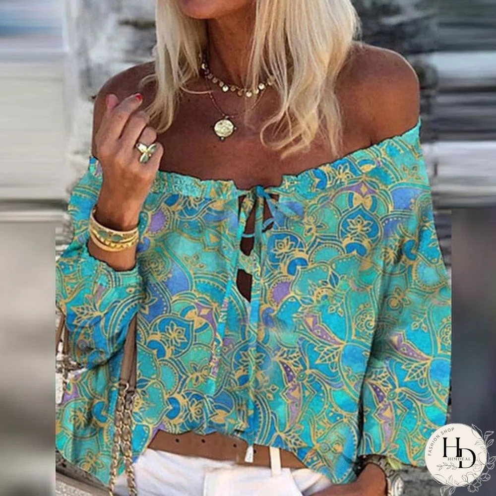 Summer Vintage Floral Print Boho Blouses Women Sexy Off Shoulder Flare Sleeve Shirts Tops Elegant Lace-Up Tassel Chic Blusa