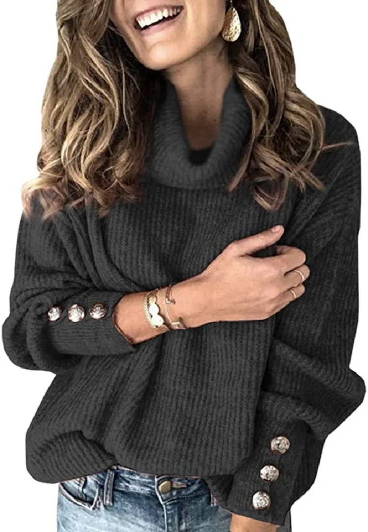 Wongn Wongn Solid Color Sweater, Loose Turtleneck Sweater, Women's Jumper