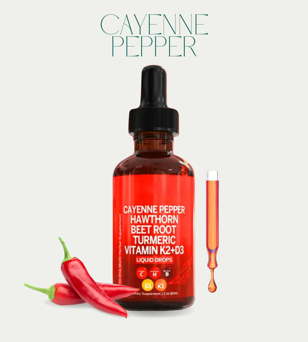Cayenne Pepper Supplement Liquid Drops + Hawthorn Berry 60ml