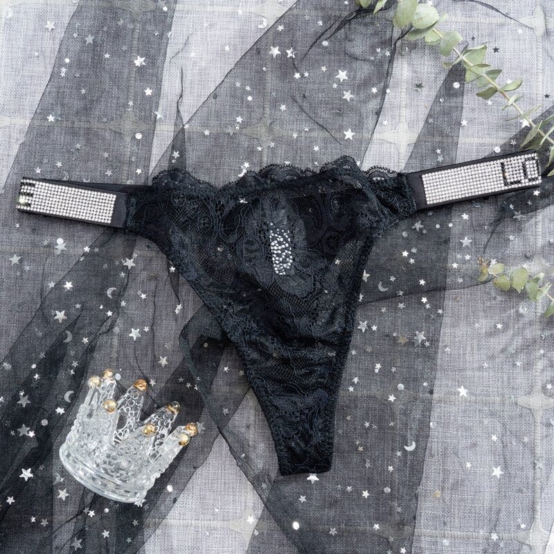 Letter Rhinestone Sexy Underwear Hip Lifting Panties Thong Low Waist Temptation Tanga Female Transparent Lace G-String Lingerie