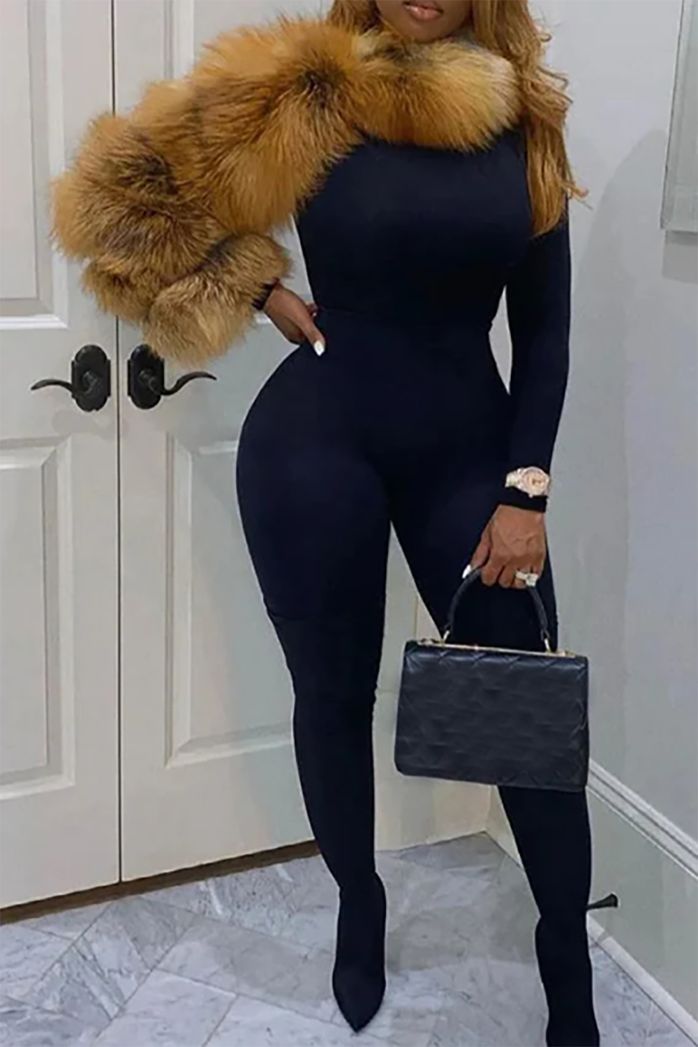 Plus Size Daily Jacket Khaki Fall Winter One Shoulder Long Sleeve Faux Fur Jacket