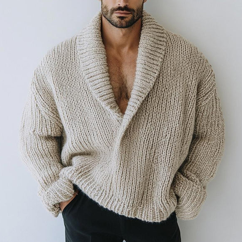 Men's Fashion Oversize Style Solid Color Lapel Long Sleeve Casual Knit Sweater