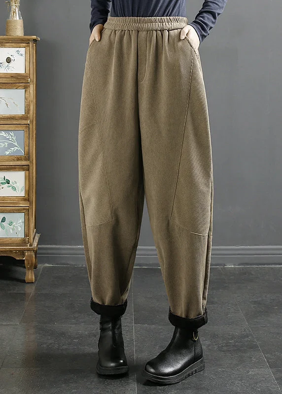 Loose Khaki Pockets Elastic Waist Warm Fleece Corduroy Pants Winter