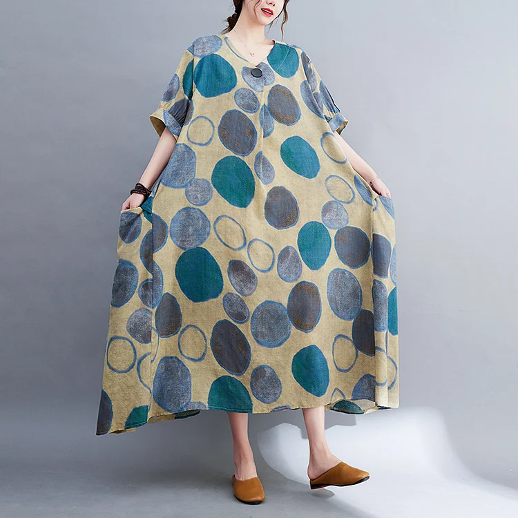 Vintage Polka Dot Print Cotton Linen Short Sleeve Midi Dress - yankia