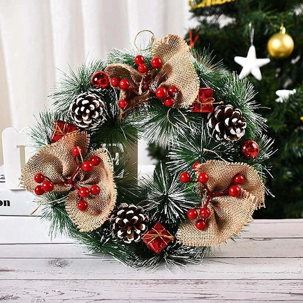 Red Berries Pine Cones Burlap Bow Christmas Wreath Winter Wreath、、sdecorshop