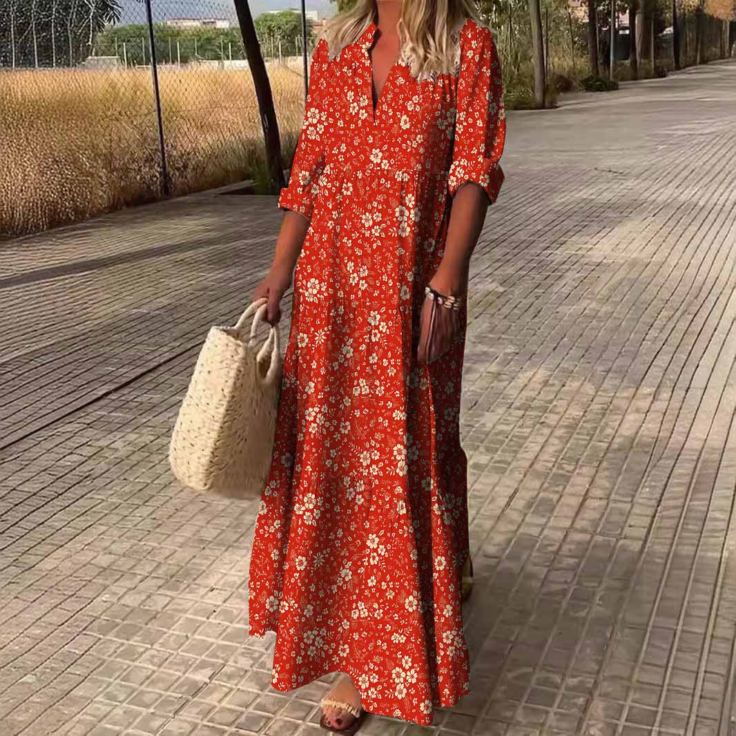 Women Floral, Red DZDN0802 SPU Printed Long Sleeve V-neck Maxi Dress