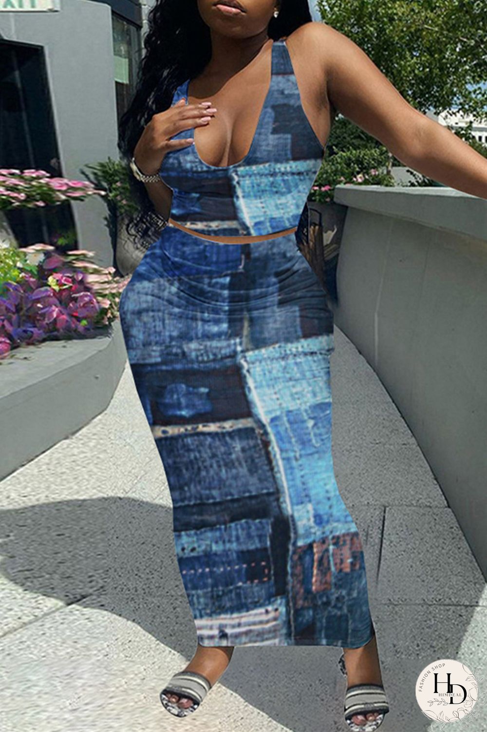 Blue Sexy Casual Print Vests U Neck Sleeveless Two Pieces