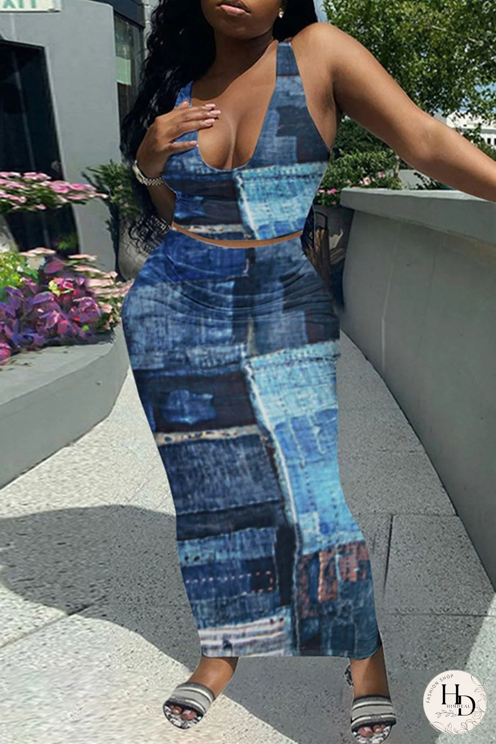 Blue Sexy Casual Print Vests U Neck Sleeveless Two Pieces
